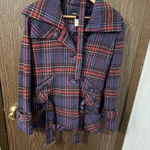 Women’s Plaid Peacoat - Purple and Red